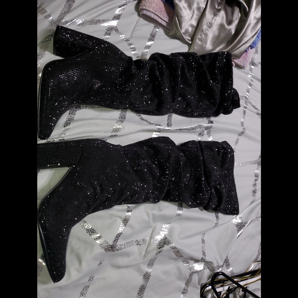 Black Rhinestone thigh high heels/boots 5.5 (OBO)